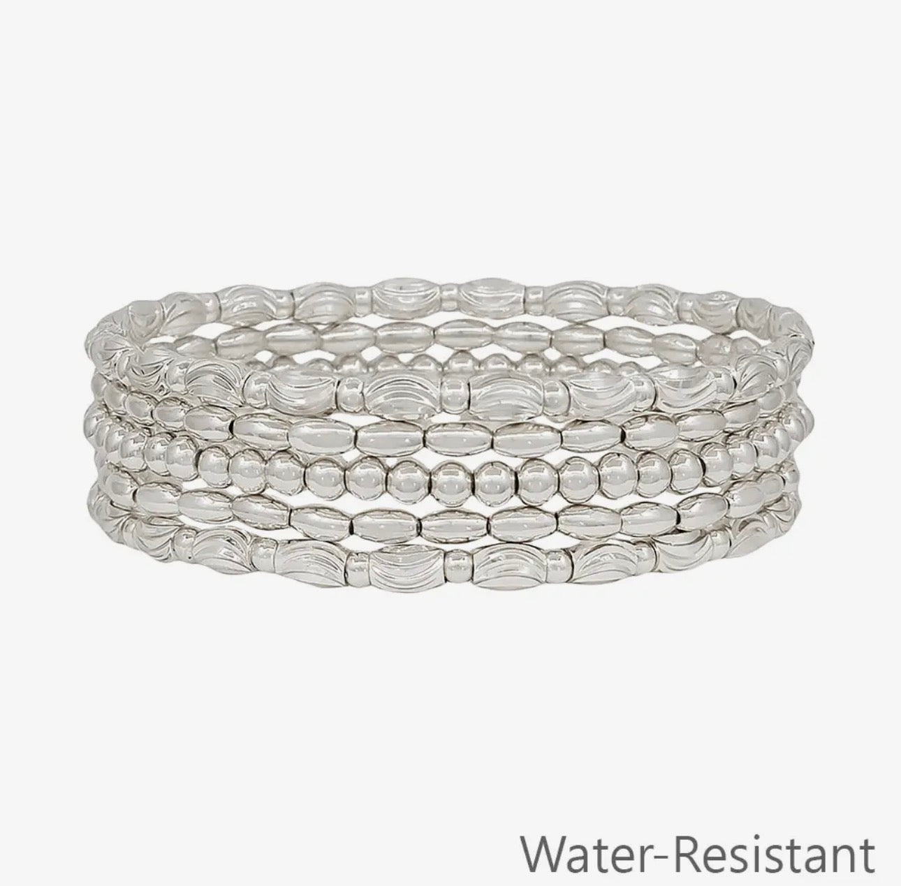 Set of 5 Silver Oval Bead Bracelets