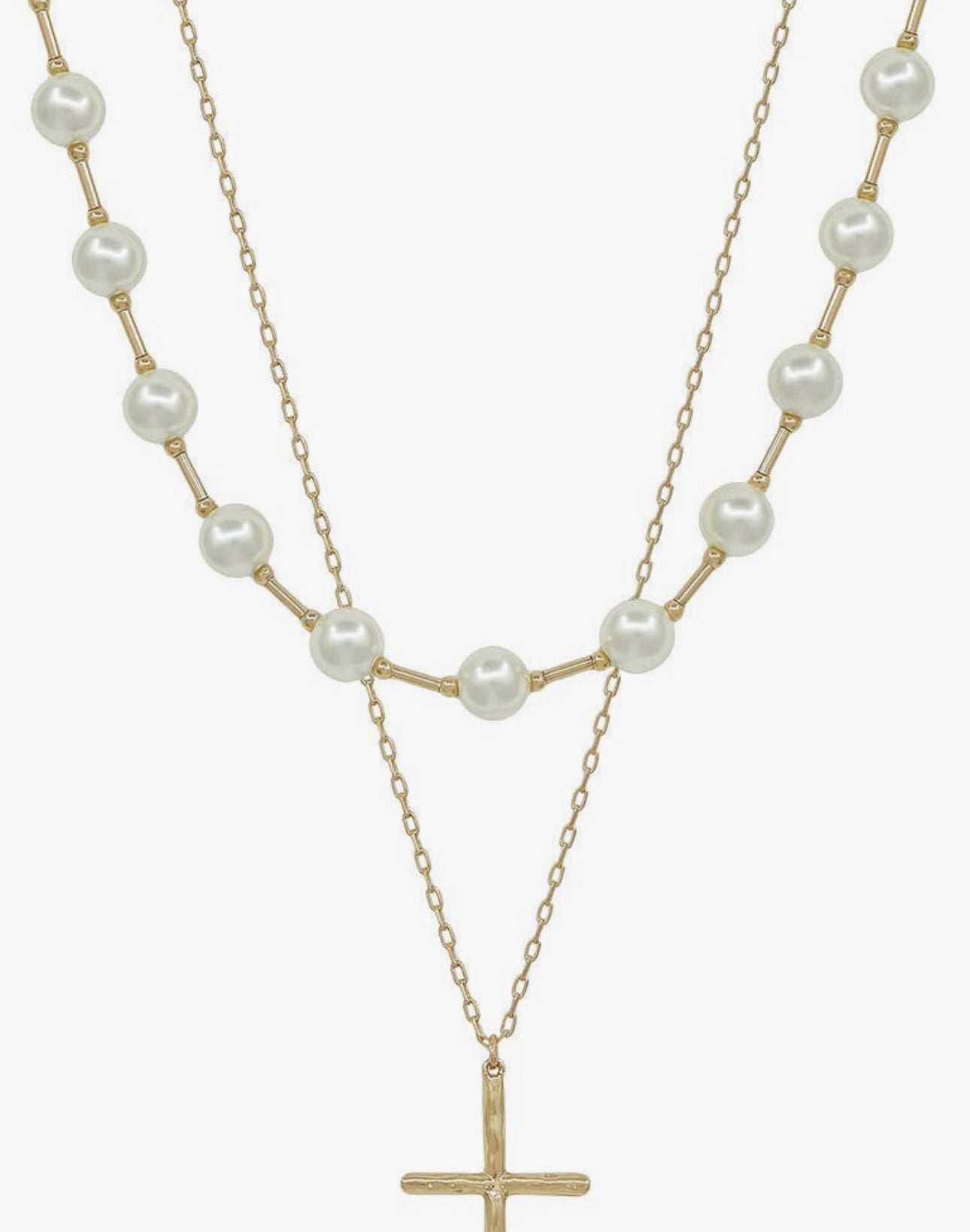 Water Resistant Pearl and Gold Cross Layered Necklace