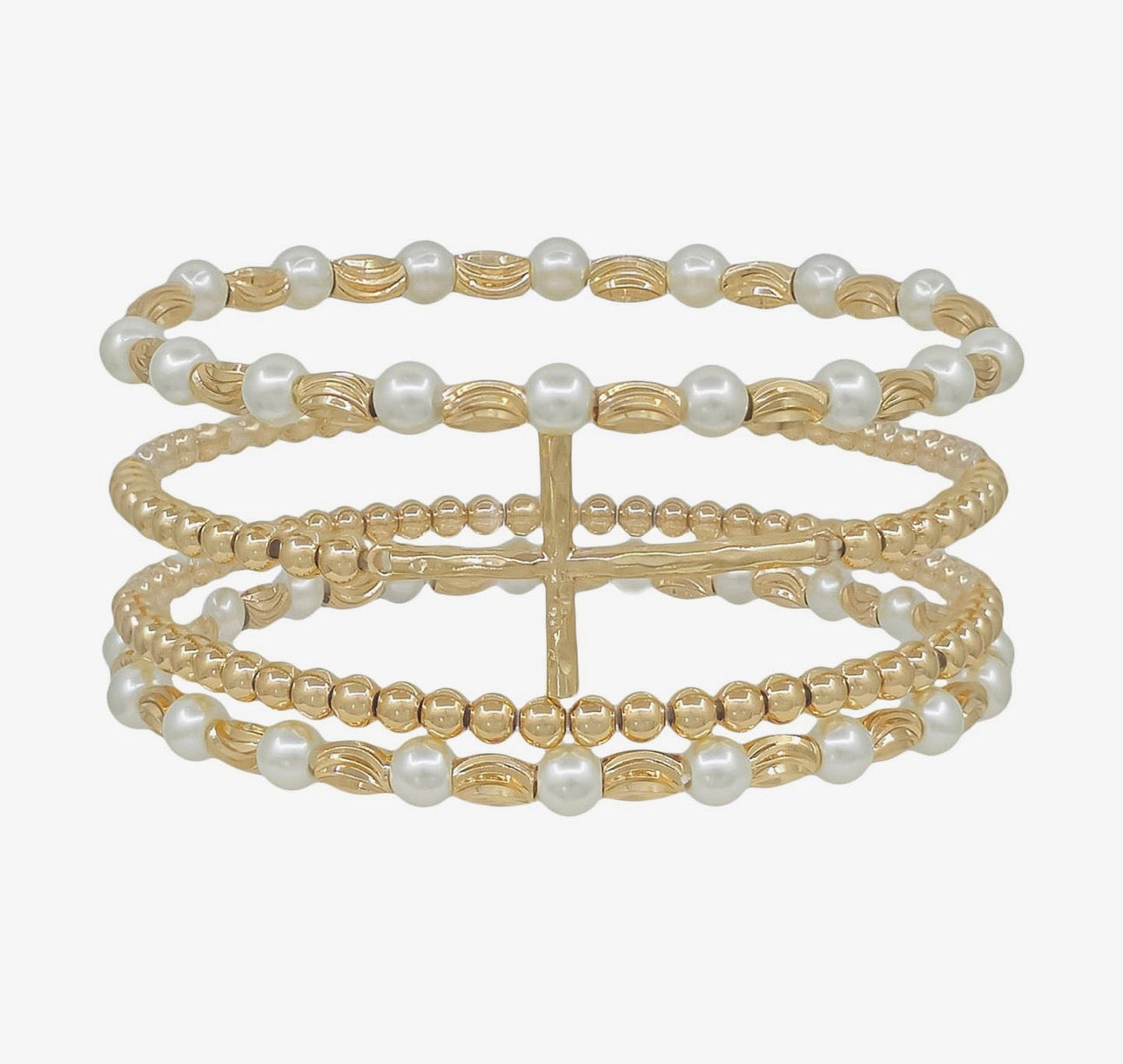 Water Resistant Set of 4 Gold and Pearl Cross Bracelets
