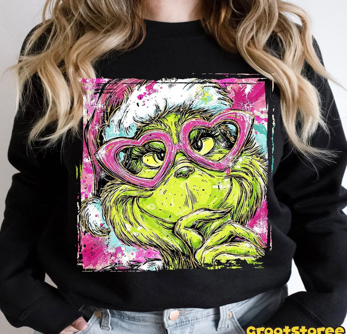 Grinch Pink Glasses on Black Tee