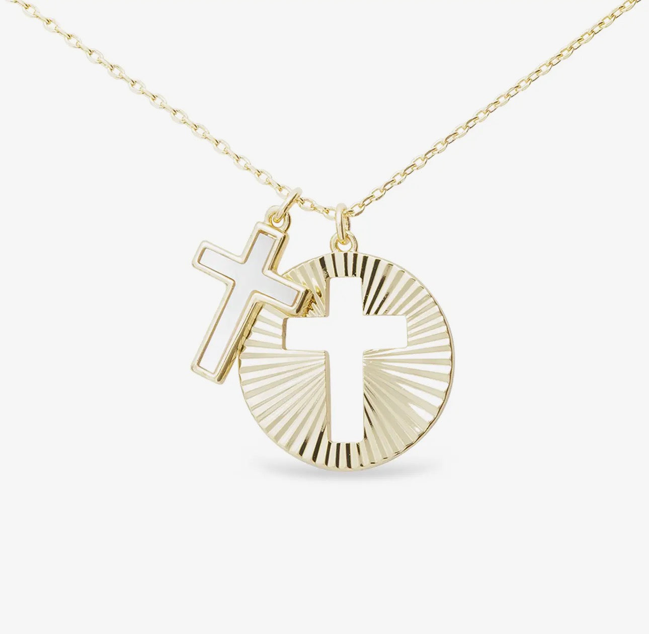 Gold MOP Cross and Gold Disc Cutout Cross Pendant Necklace