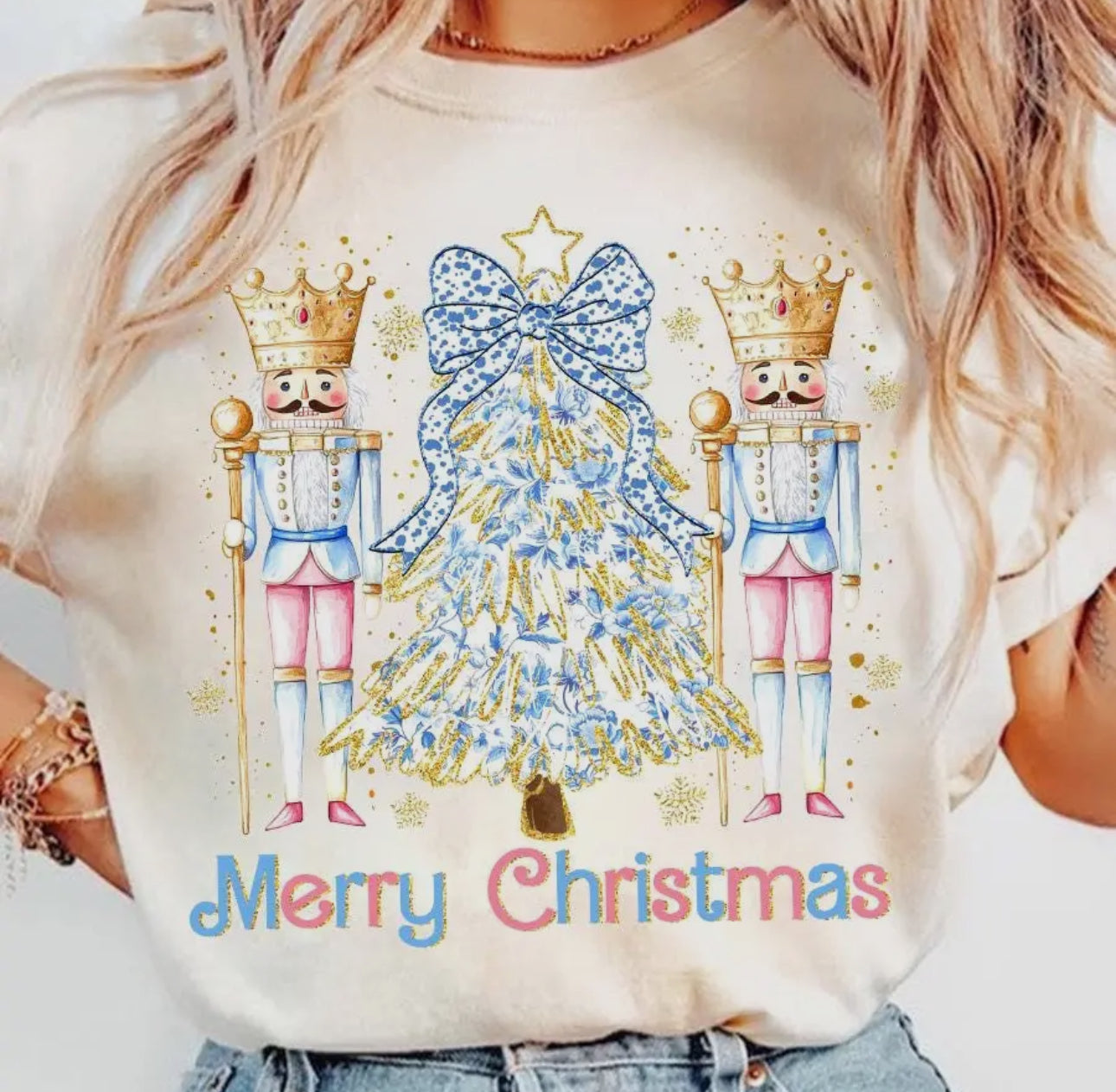 Gold Glitter Christmas Tree on NAVY Tshirt