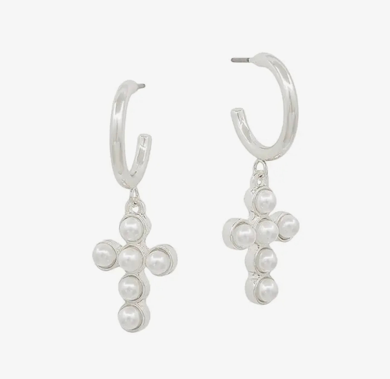Silver Pearl Cross Dangle Hoops