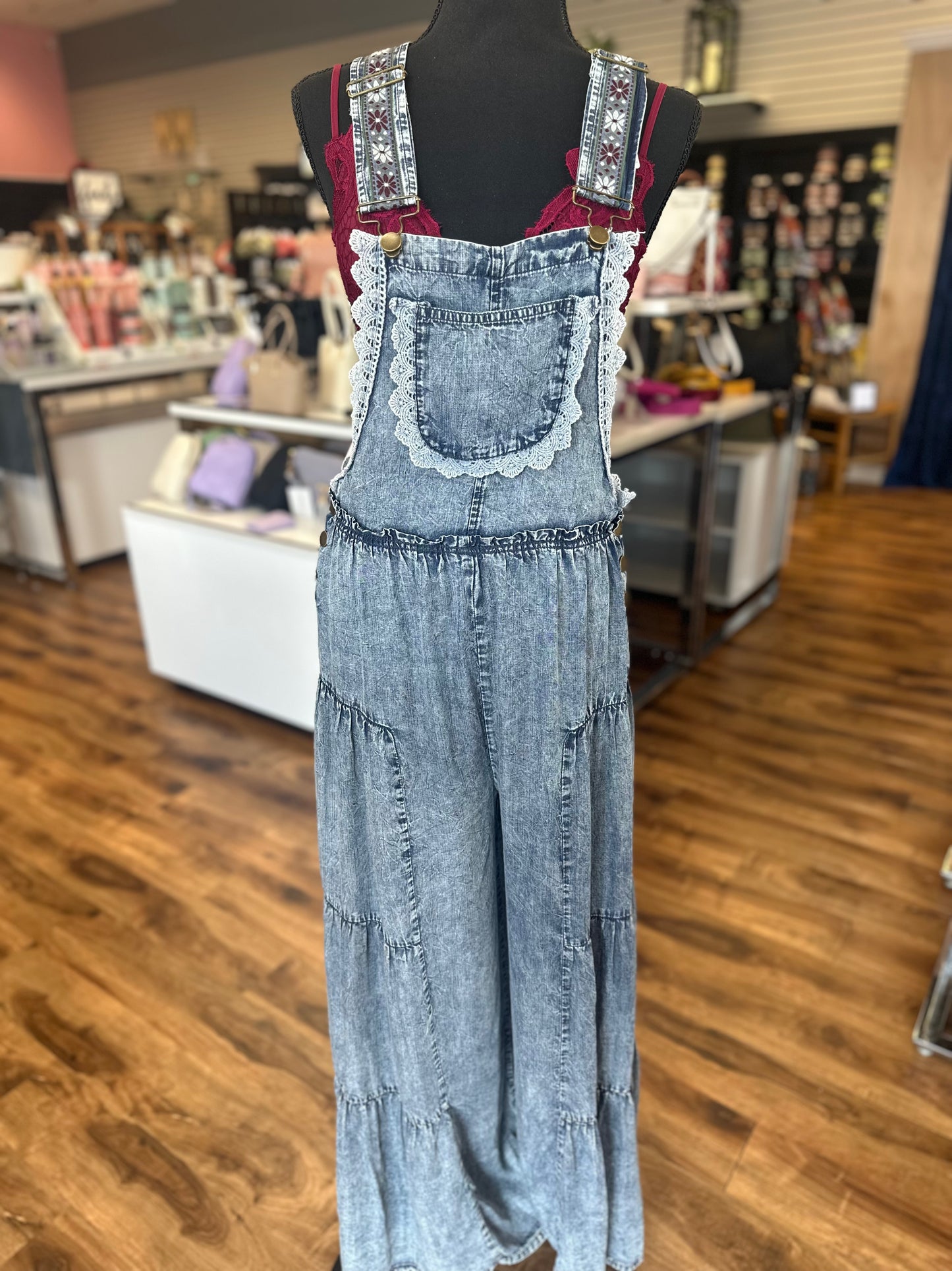 Embroidered Chambray Overalls