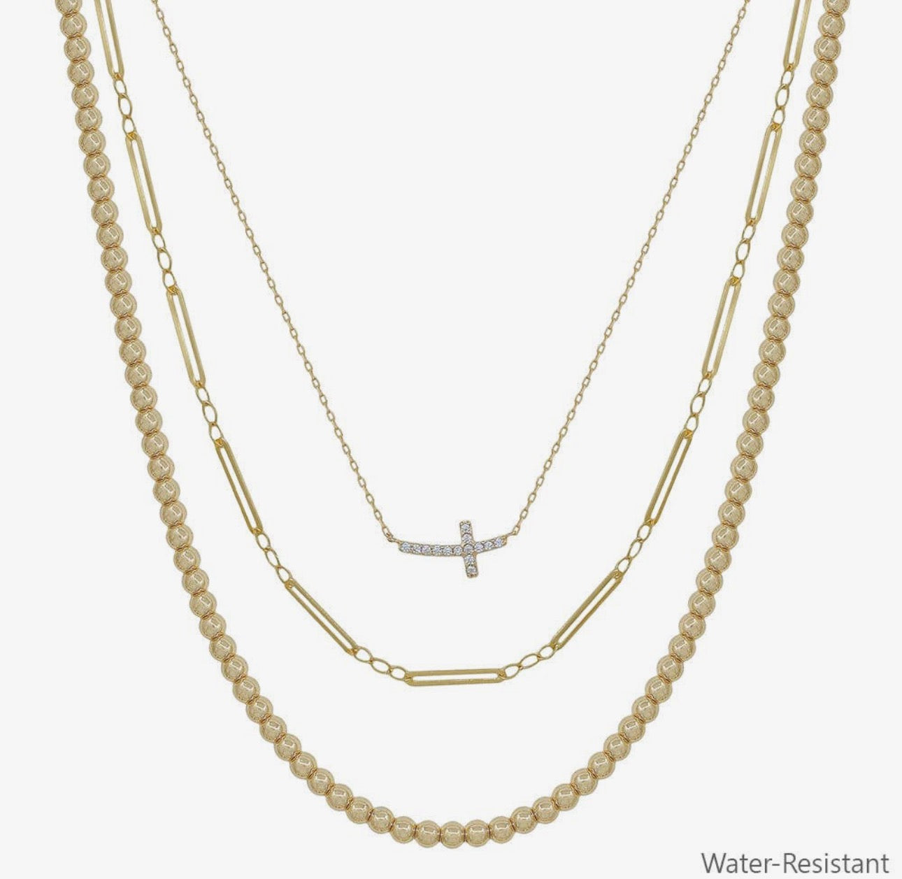 Gold Triple Layered Cross Water Resistant Necklace