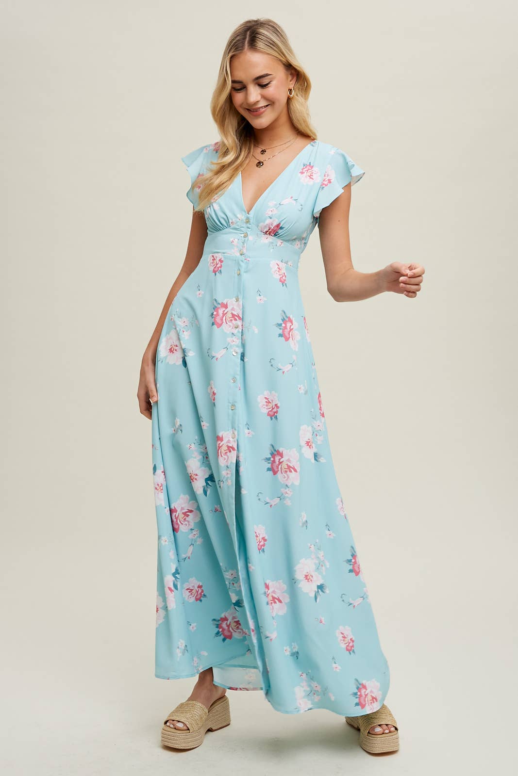 Blue Pink Floral Button Down Dress