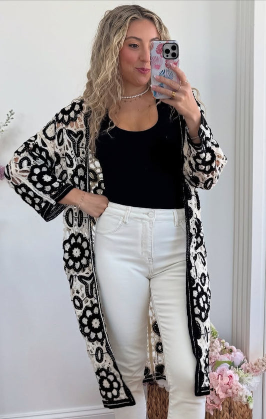 Black and Cream Knitted Long Cardigan