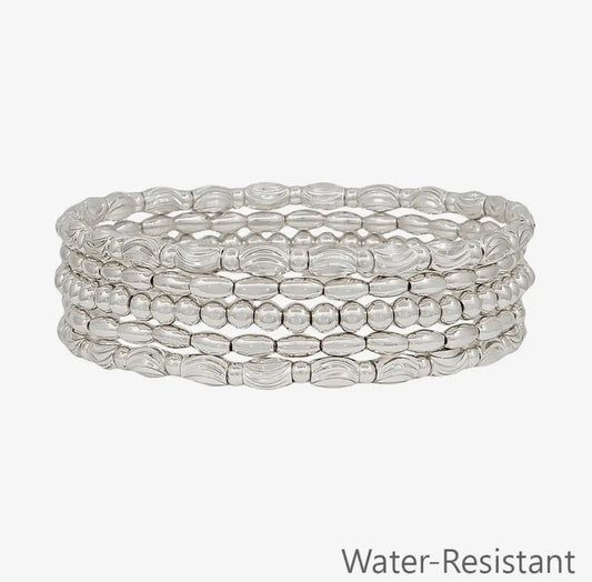 Set of 5 Silver Oval Bead Bracelets