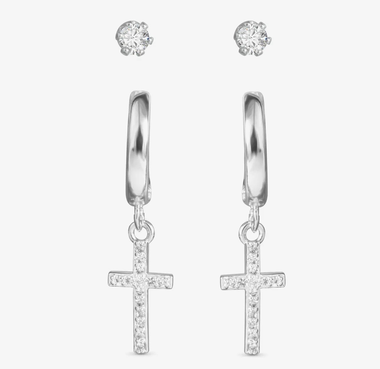 Cross CZ Huggie & Stud Duo Earrings