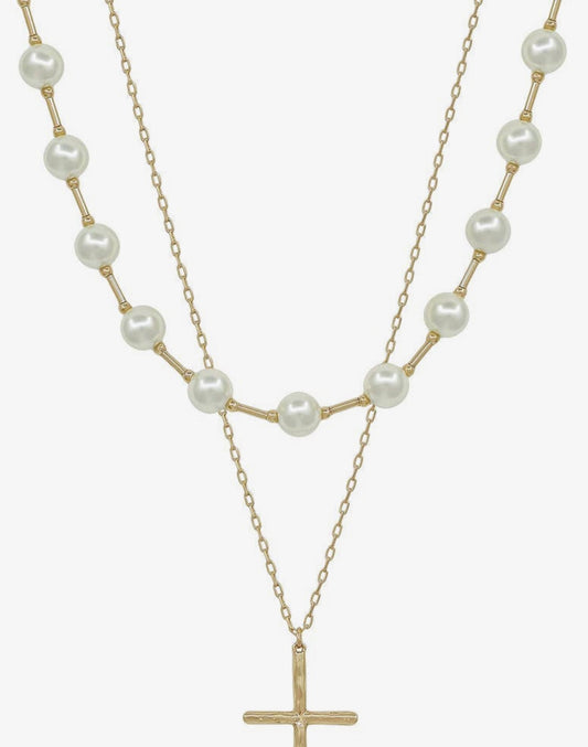 Water Resistant Pearl and Gold Cross Layered Necklace