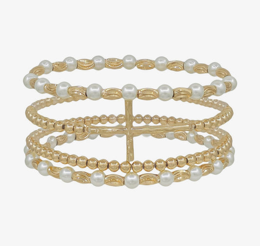 Water Resistant Set of 4 Gold and Pearl Cross Bracelets