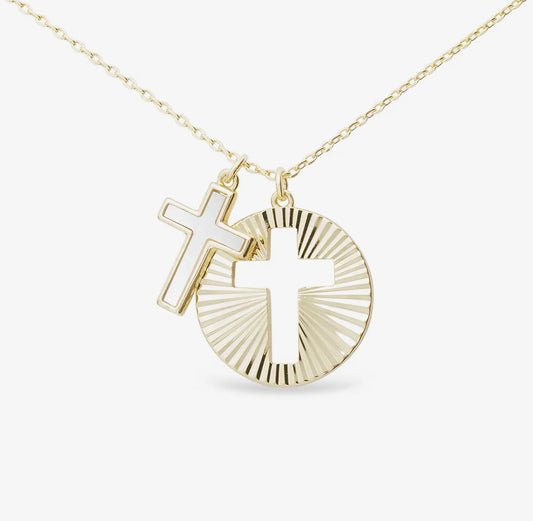 Gold MOP Cross and Gold Disc Cutout Cross Pendant Necklace
