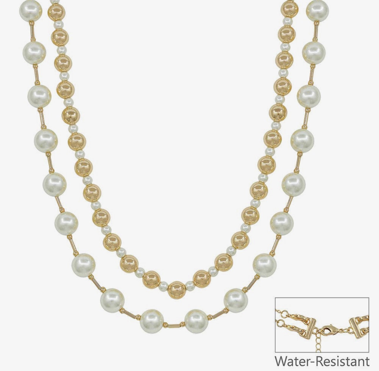 Water Resistant Gold And Pearl Double Necklace Multi Wear