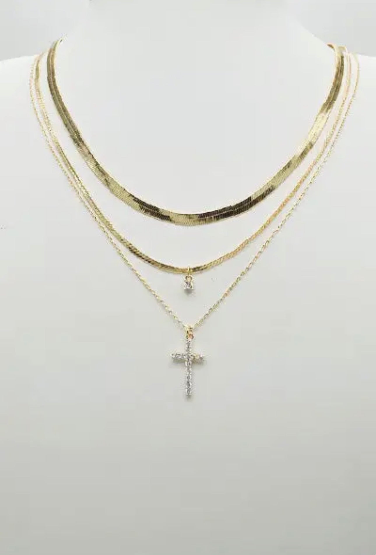 Triple Strand Snake Chain Cross Necklace