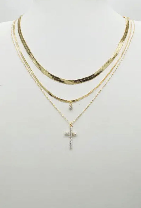 Triple Strand Snake Chain Cross Necklace