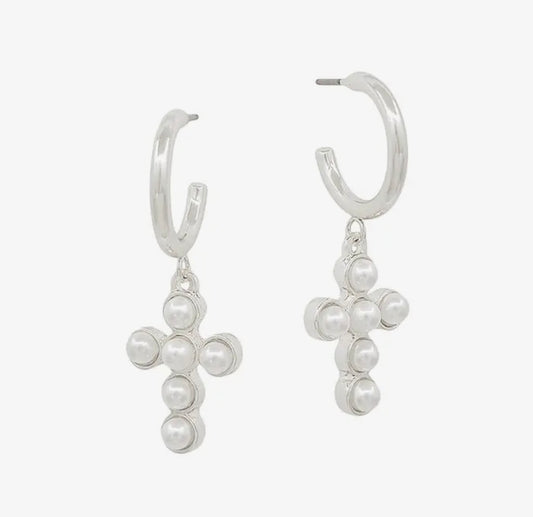 Silver Pearl Cross Dangle Hoops