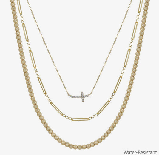 Gold Triple Layered Cross Water Resistant Necklace