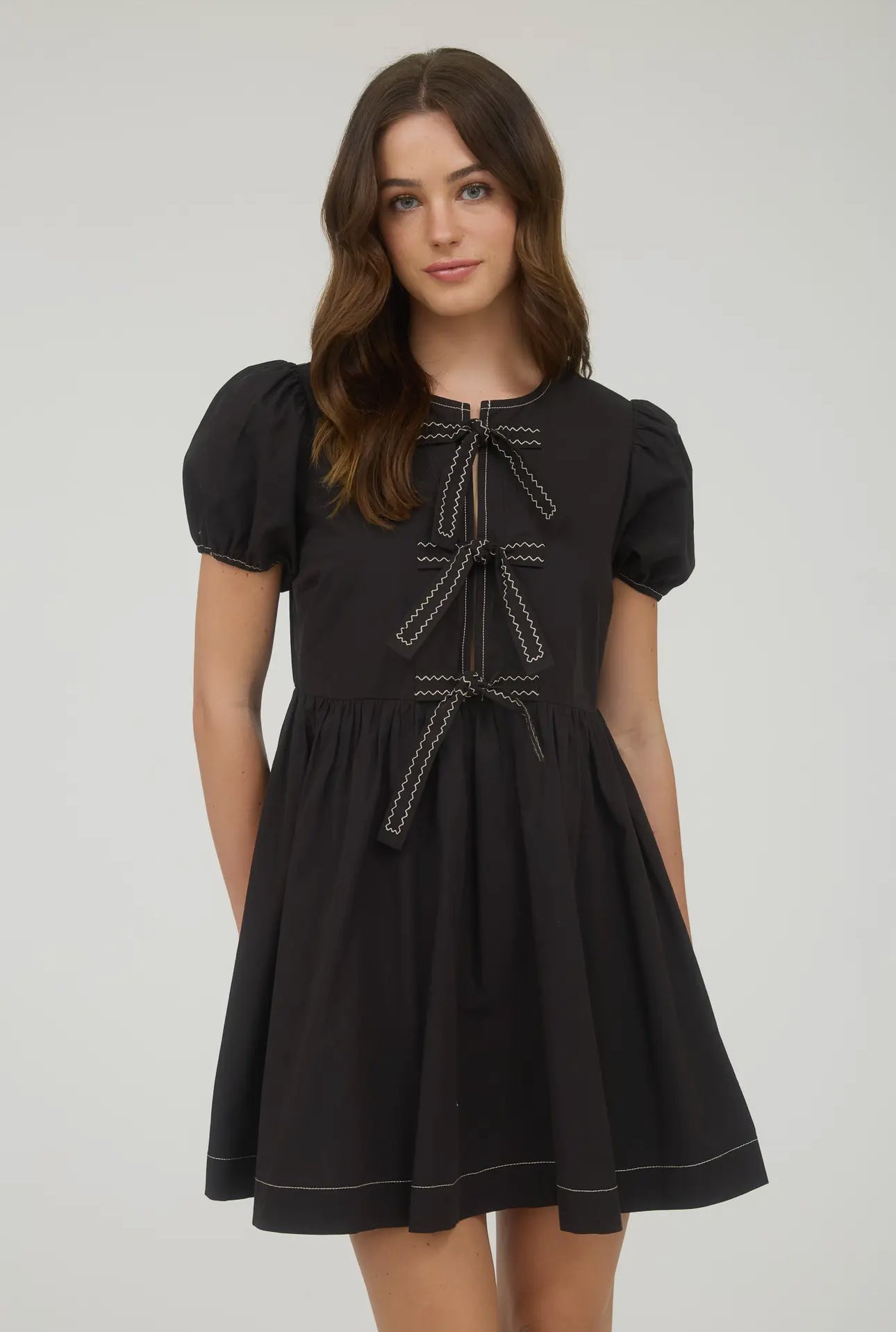 Front Tie Short Puff Sleeve Babydoll Dress