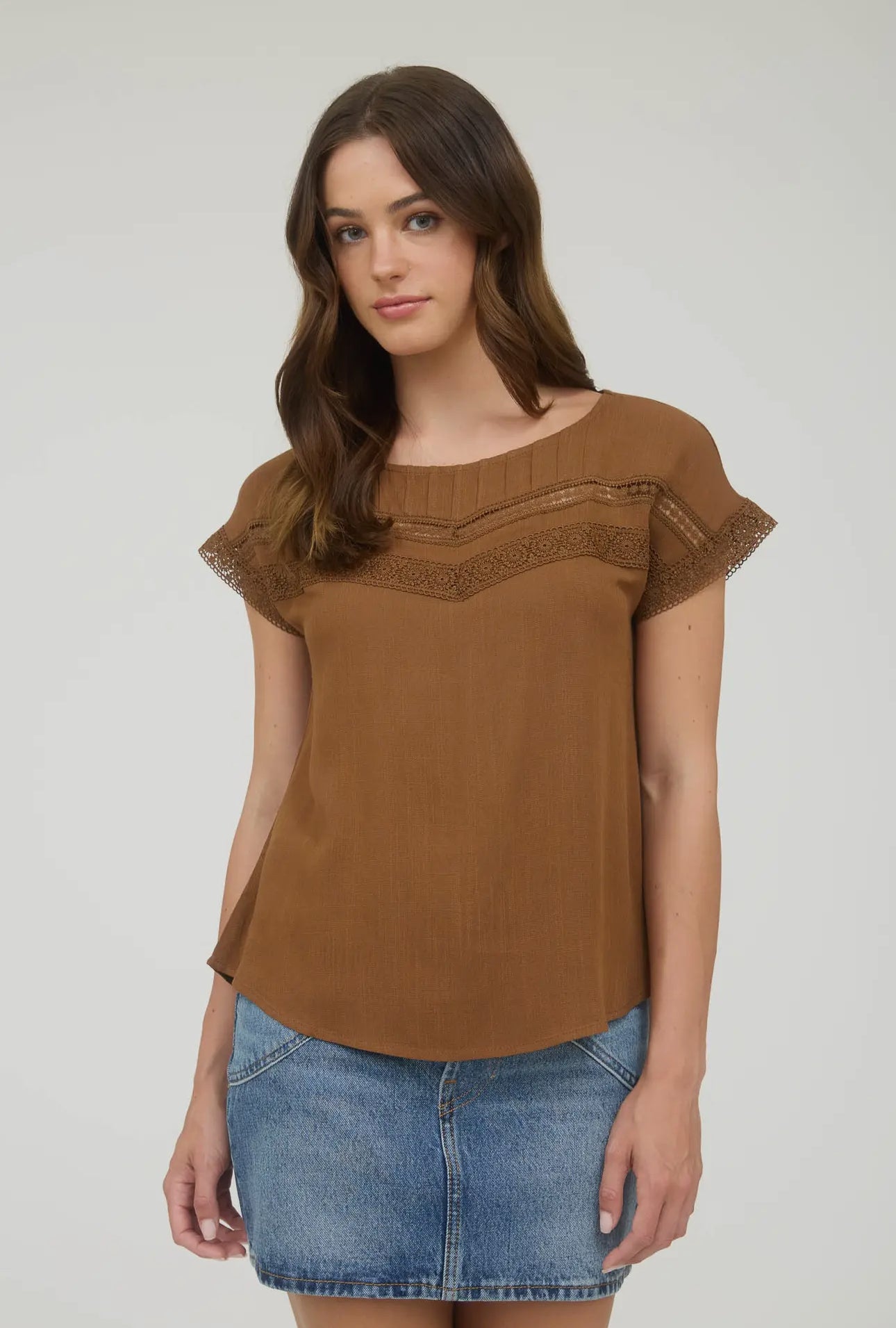 Lace Trim Pleated Yoke Short Sleeve